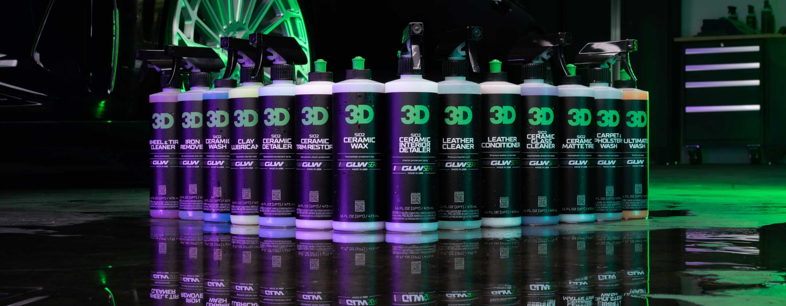 3d car care glw products on wet ground with purple and green lighting