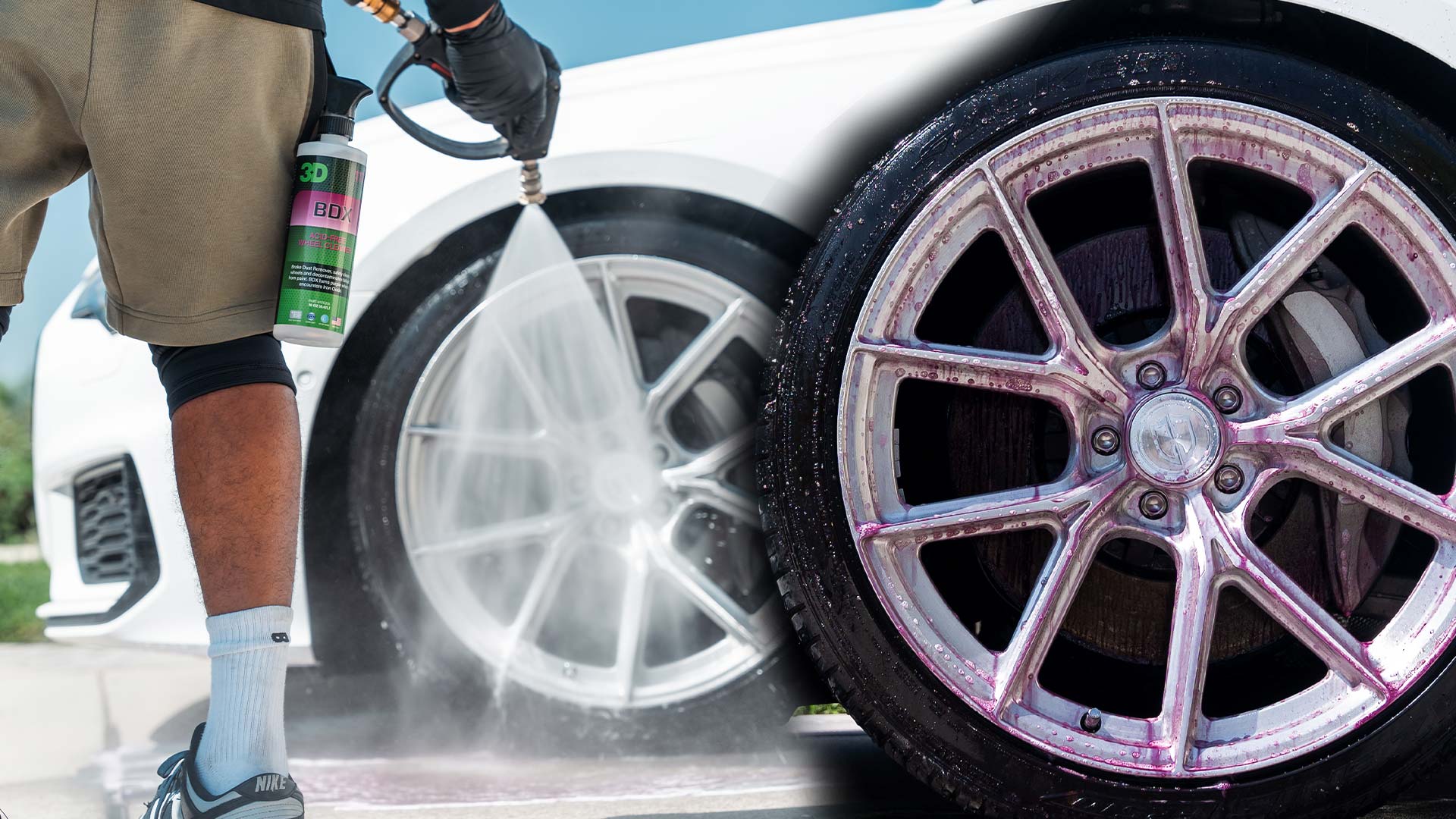 Professional detailer carefully cleaning car wheel and tire