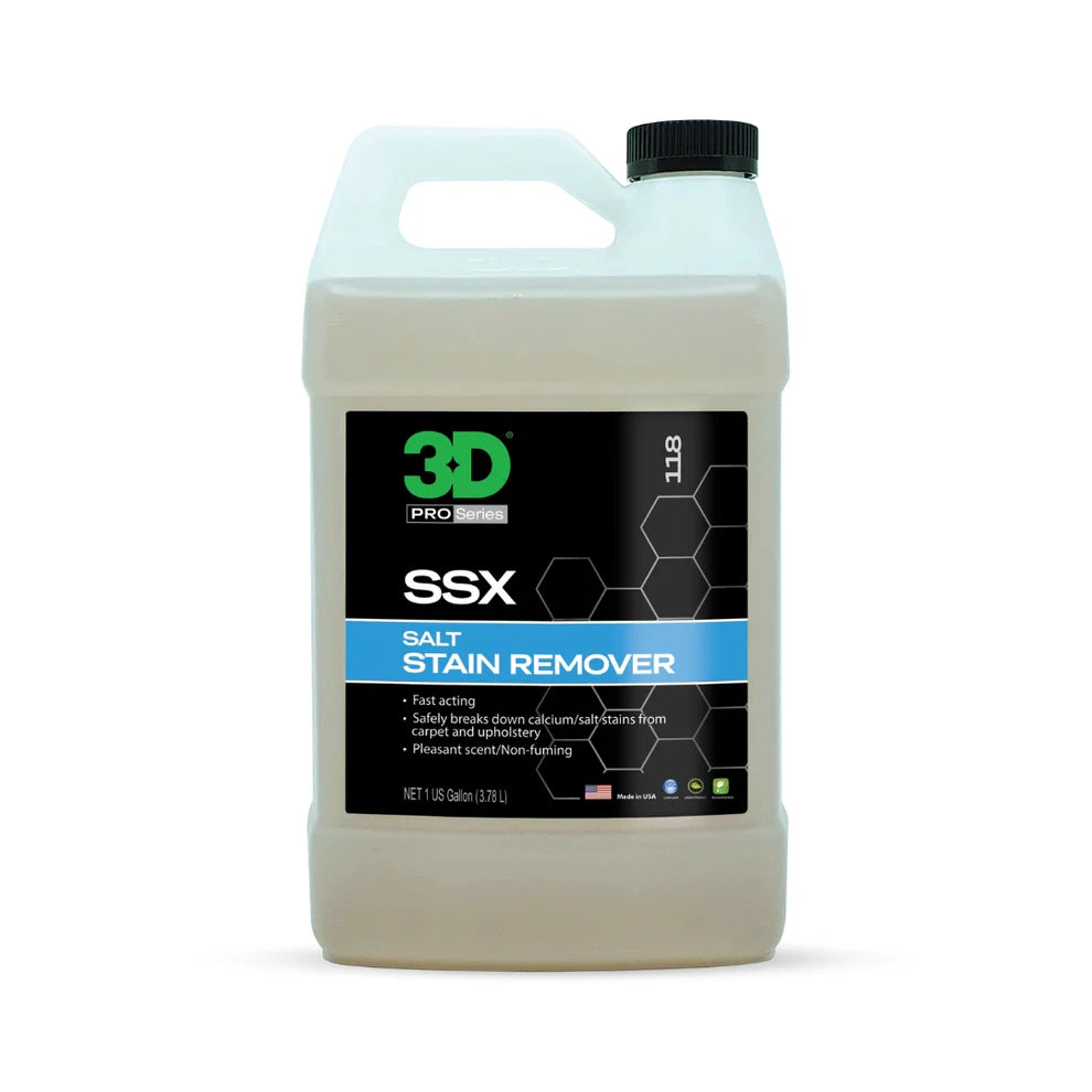 white plastic gallon container of 3d pro series ssx salt stain remover with a black and blue label