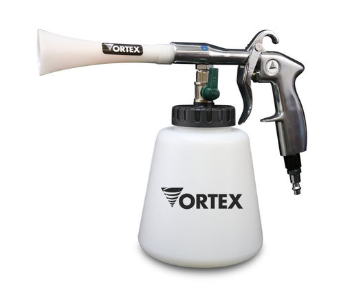 a white spray gun with a white plastic container