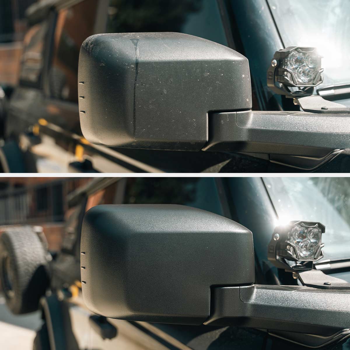 before and after of bug remover wipes on side mirror housing